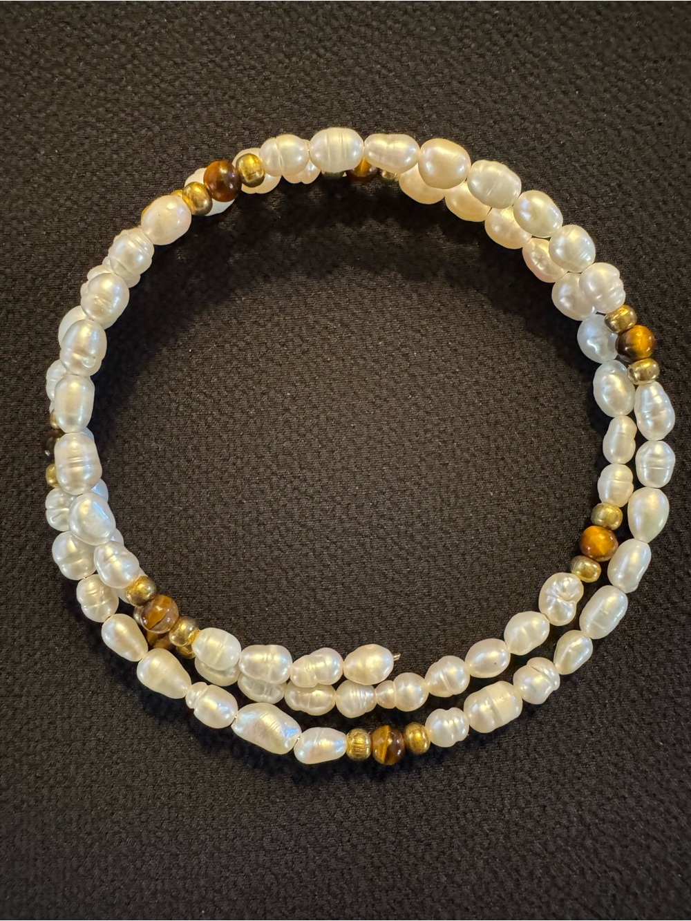 Freshwater Pearl and Tiger’s Eye Memory Wire Wrap Bracelet